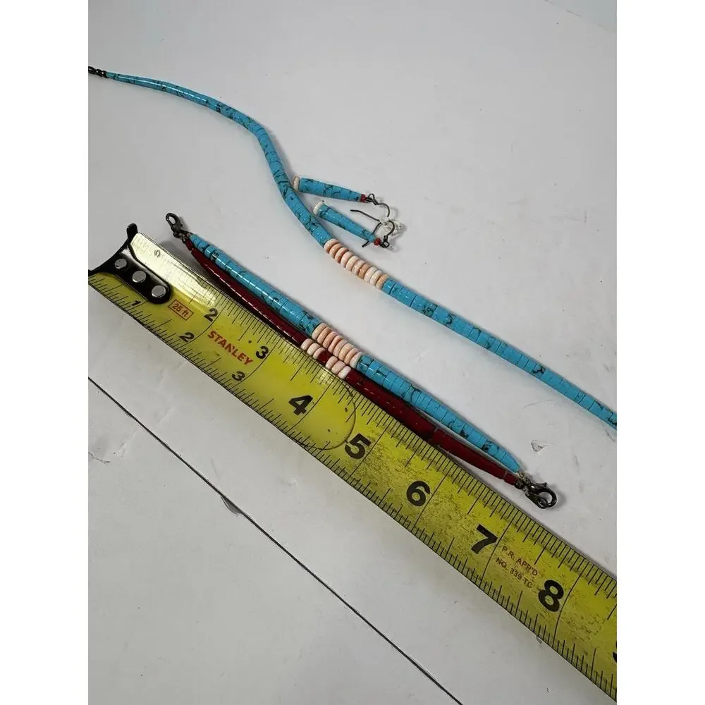Block Turquoise and Coral Graduated Heishi Necklace, Bracelets And Earrings Set - Picture 15 of 15